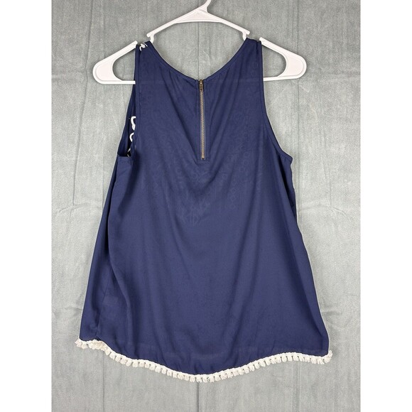 Womens Embroidered Exhilaration Blue White Tank Top Size Small S Zip Back - Picture 2 of 6